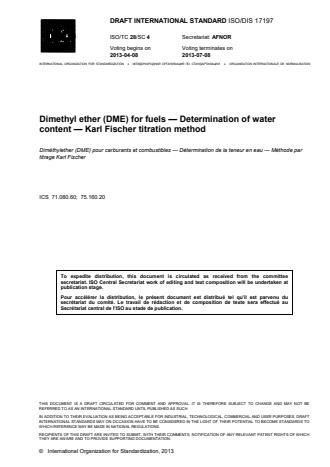 ISO 17197:2014 - Dimethyl ether (DME) for fuels -- Determination of water content -- Karl Fischer titration method