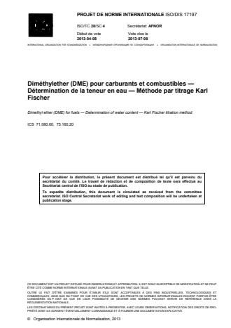 ISO 17197:2014 - Diméthylether (DME) pour carburants et combustibles -- Détermination de la teneur en eau -- Méthode par titrage Karl Fischer