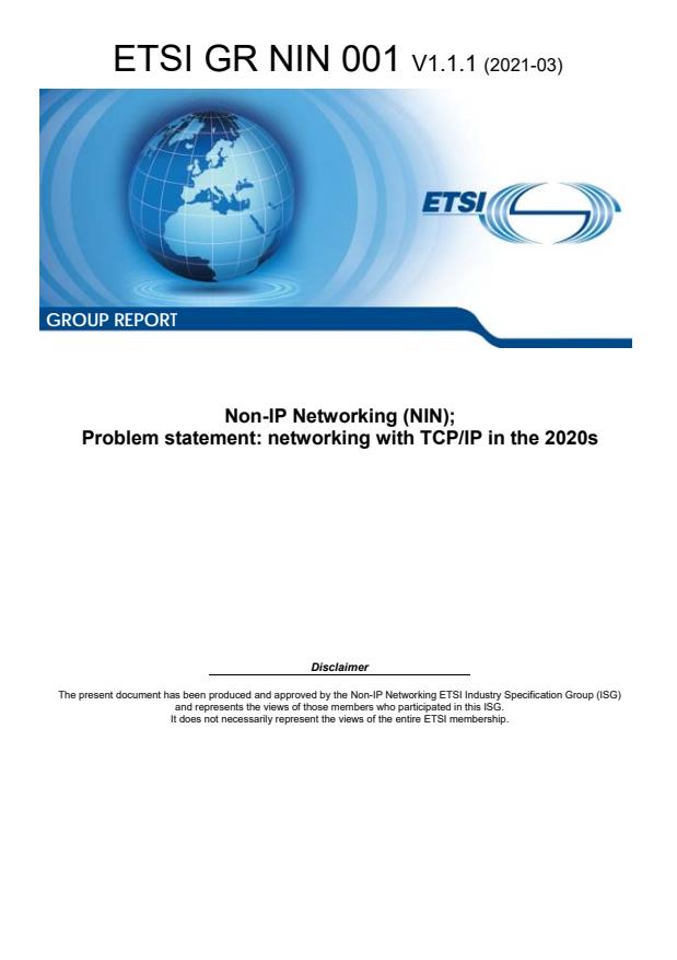 ETSI GR NIN 001 V1.1.1 (2021-03) - Non-IP Networking (NIN); Problem statement: networking with TCP/IP in the 2020s