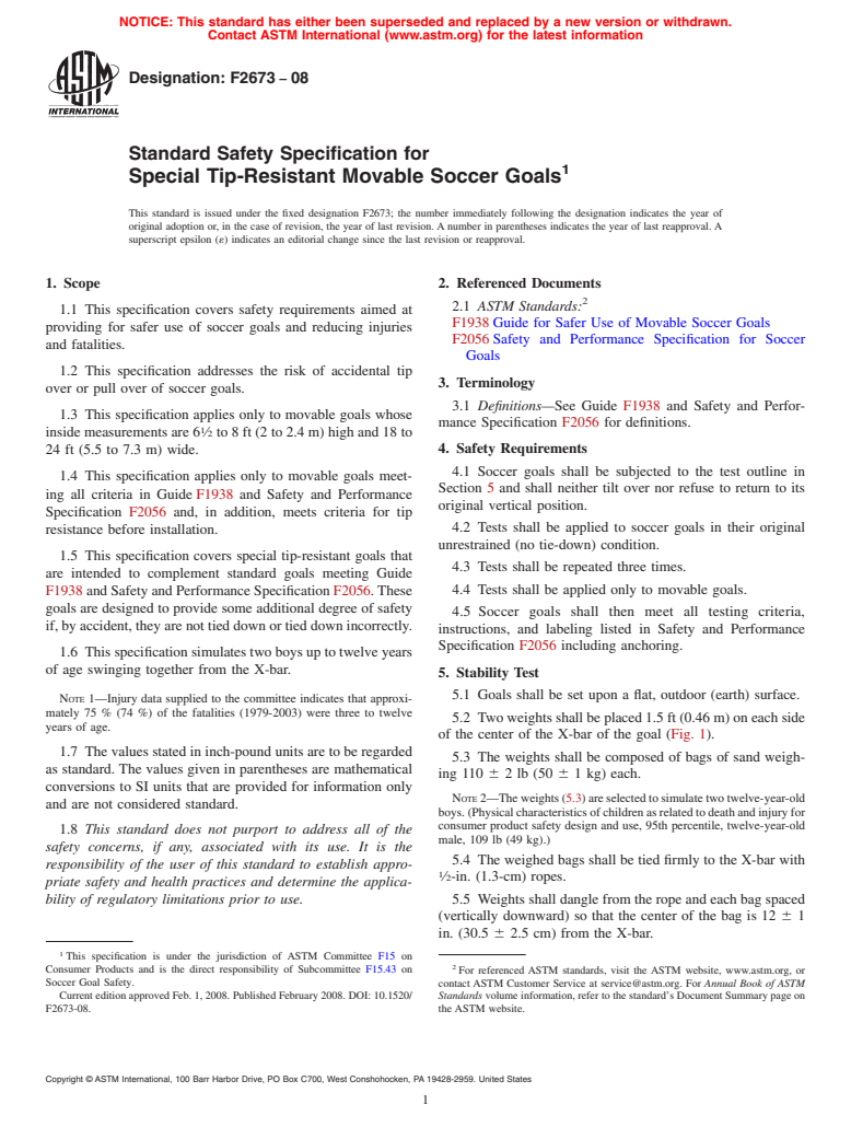 ASTM F2673-08 - Standard Safety Specification for Special Tip-Resistant Movable Soccer Goals (Withdrawn 2017)