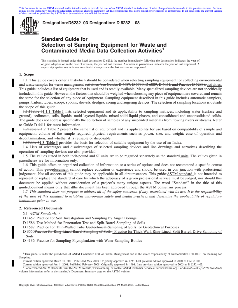 REDLINE ASTM D6232-08 - Standard Guide for Selection of Sampling Equipment for Waste and Contaminated Media Data Collection Activities