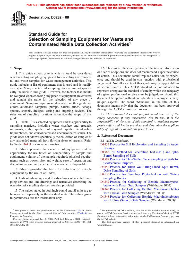 ASTM D6232-08 - Standard Guide for Selection of Sampling Equipment for Waste and Contaminated Media Data Collection Activities