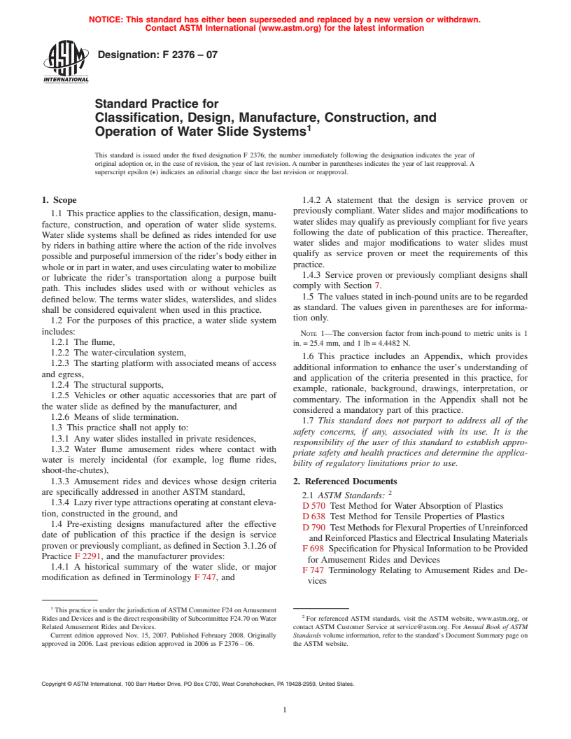 ASTM F2376-07 - Standard Practice for Classification, Design, Manufacture, Construction, and Operation of Water Slide Systems