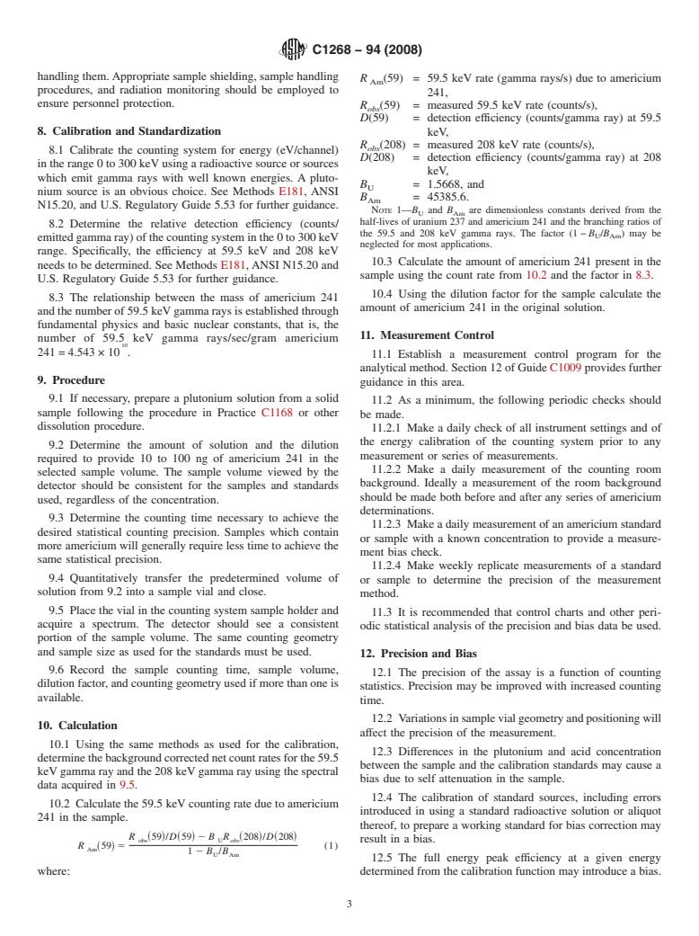 ASTM C1268-94(2008) - Standard Test Method for Quantitative Determination of Americium 241 in Plutonium by Gamma-Ray Spectrometry