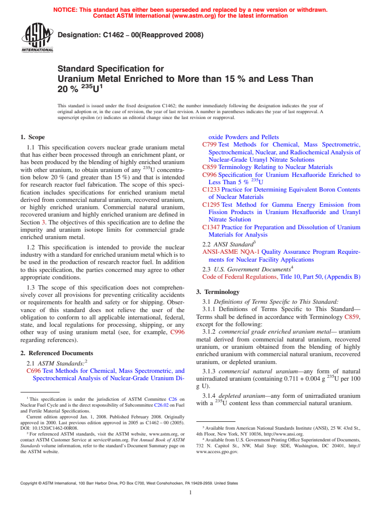 ASTM C1462-00(2008) - Standard Specification for Uranium Metal Enriched to More than 15 % and Less Than 20 % <sup> 235</sup>U