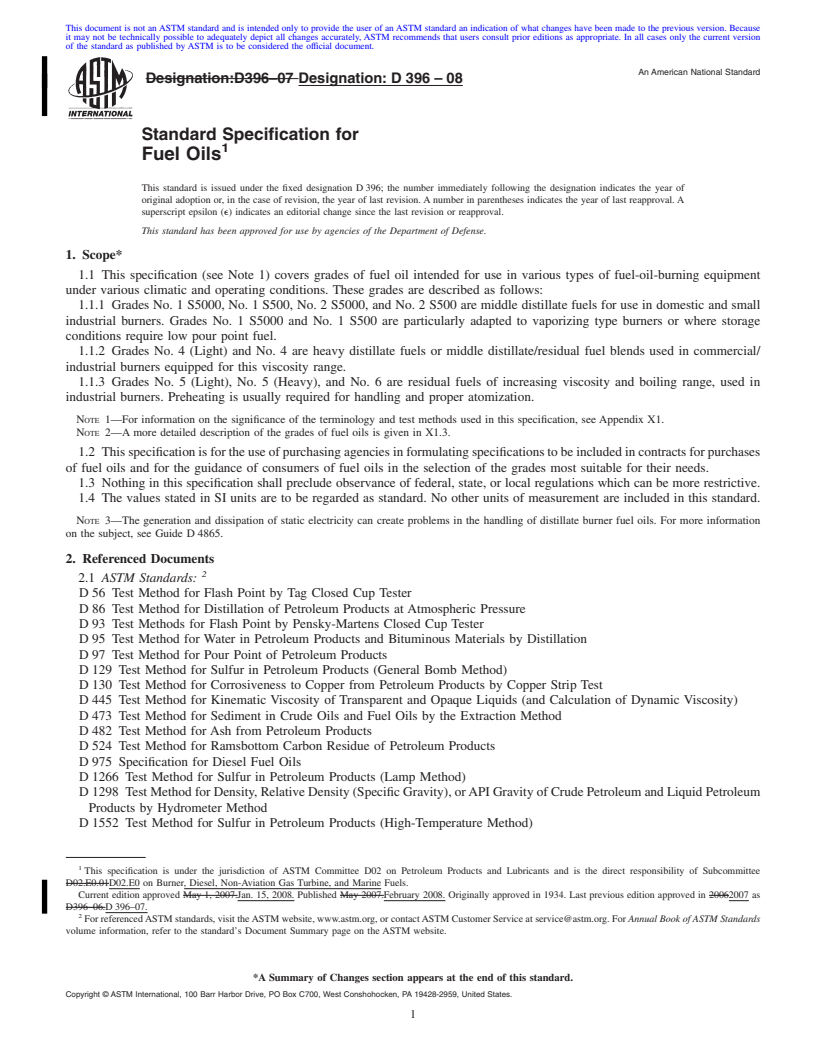 REDLINE ASTM D396-08 - Standard Specification for Fuel Oils