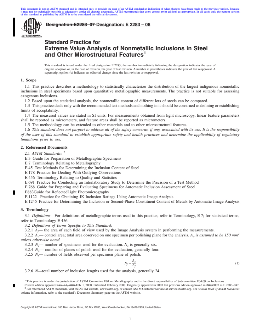 REDLINE ASTM E2283-08 - Standard Practice for Extreme Value Analysis of Nonmetallic Inclusions in Steel and Other Microstructural Features