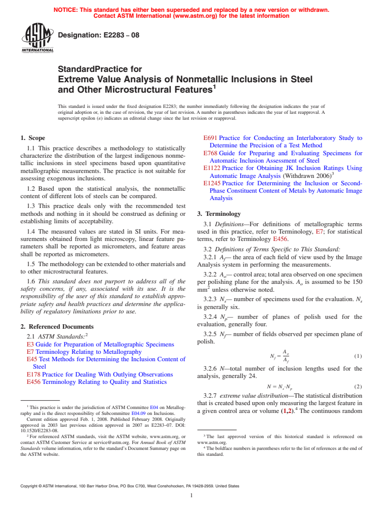 ASTM E2283-08 - Standard Practice for Extreme Value Analysis of Nonmetallic Inclusions in Steel and Other Microstructural Features