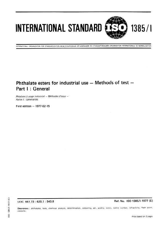 ISO 1385-1:1977 - Phthalate esters for industrial use -- Methods of test