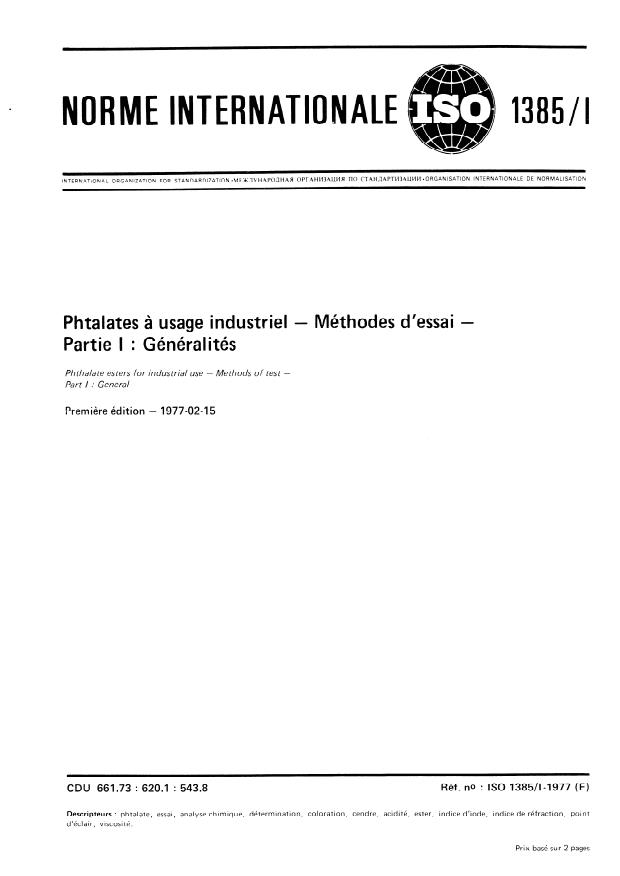 ISO 1385-1:1977 - Phtalates a usage industriel -- Méthodes d'essai