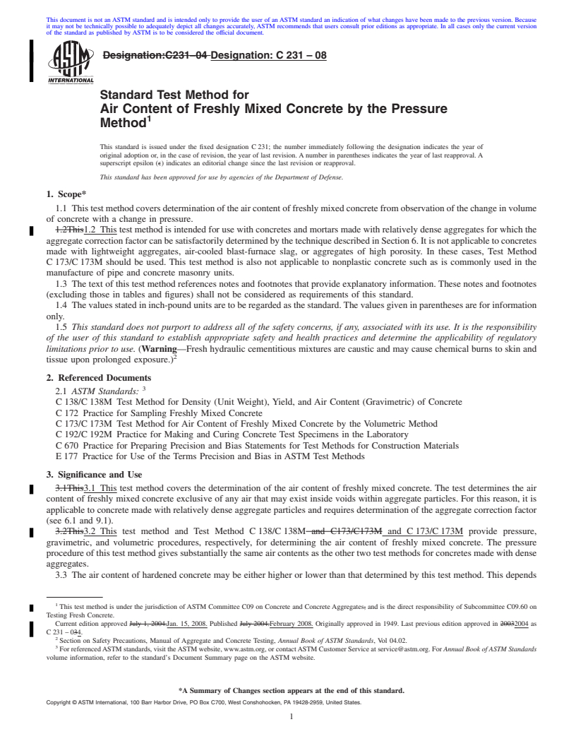 REDLINE ASTM C231-08 - Standard Test Method for  Air Content of Freshly Mixed Concrete by the Pressure Method