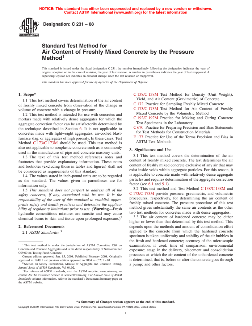 ASTM C231-08 - Standard Test Method for  Air Content of Freshly Mixed Concrete by the Pressure Method