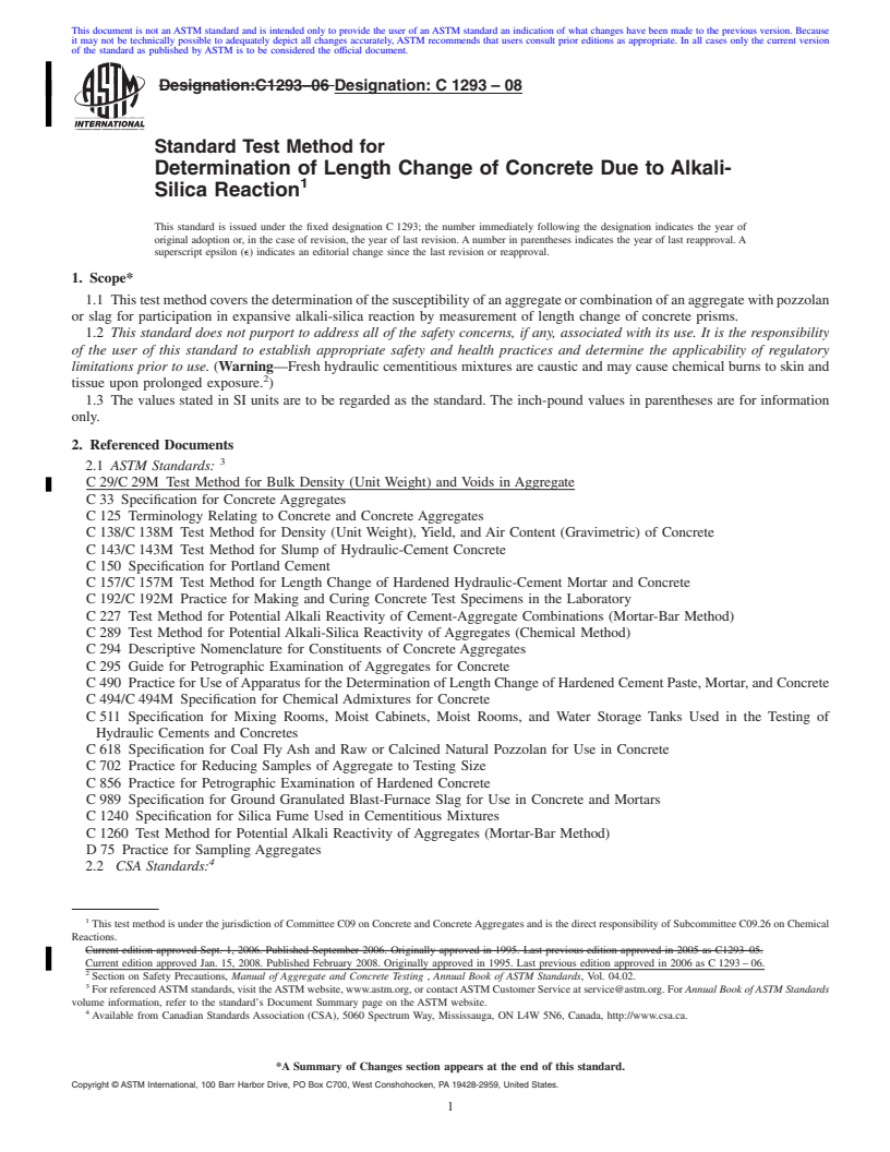 REDLINE ASTM C1293-08 - Standard Test Method for  Determination of Length Change of Concrete Due to Alkali-Silica Reaction