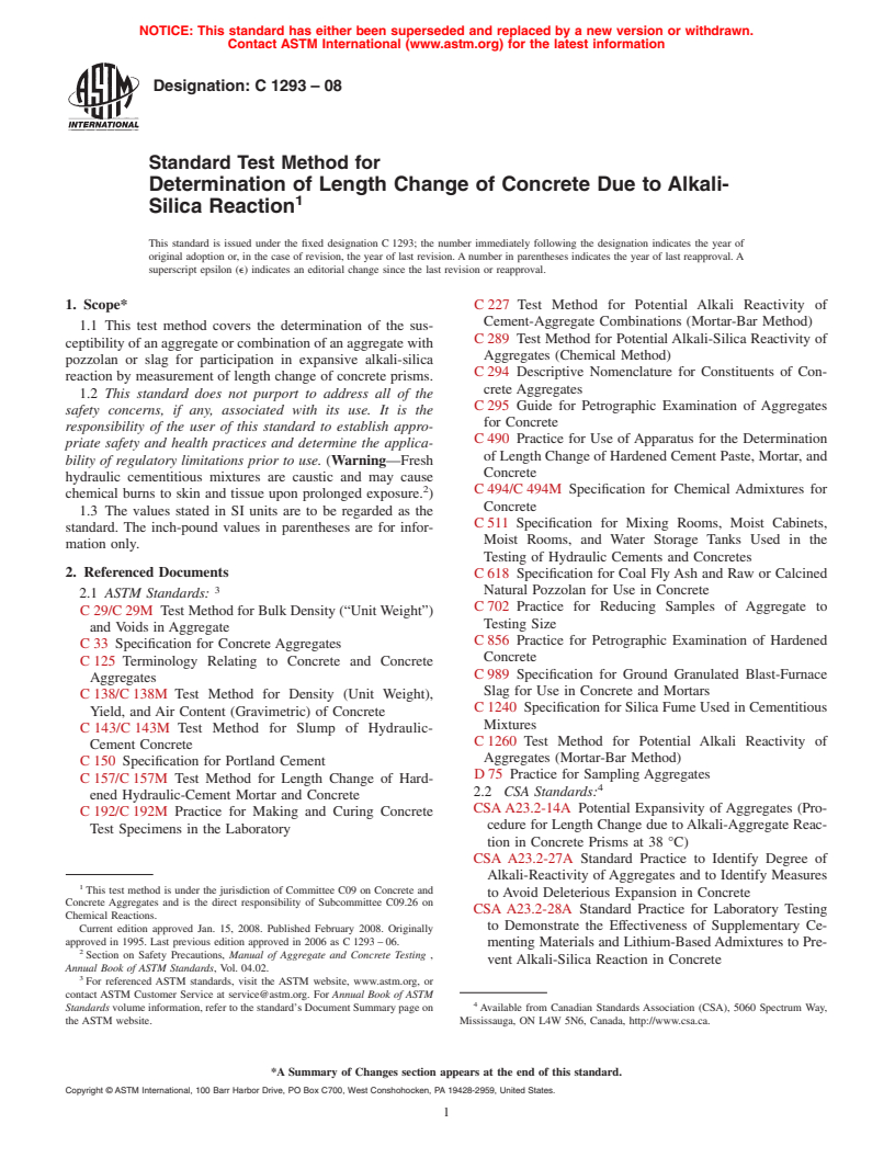 ASTM C1293-08 - Standard Test Method for  Determination of Length Change of Concrete Due to Alkali-Silica Reaction