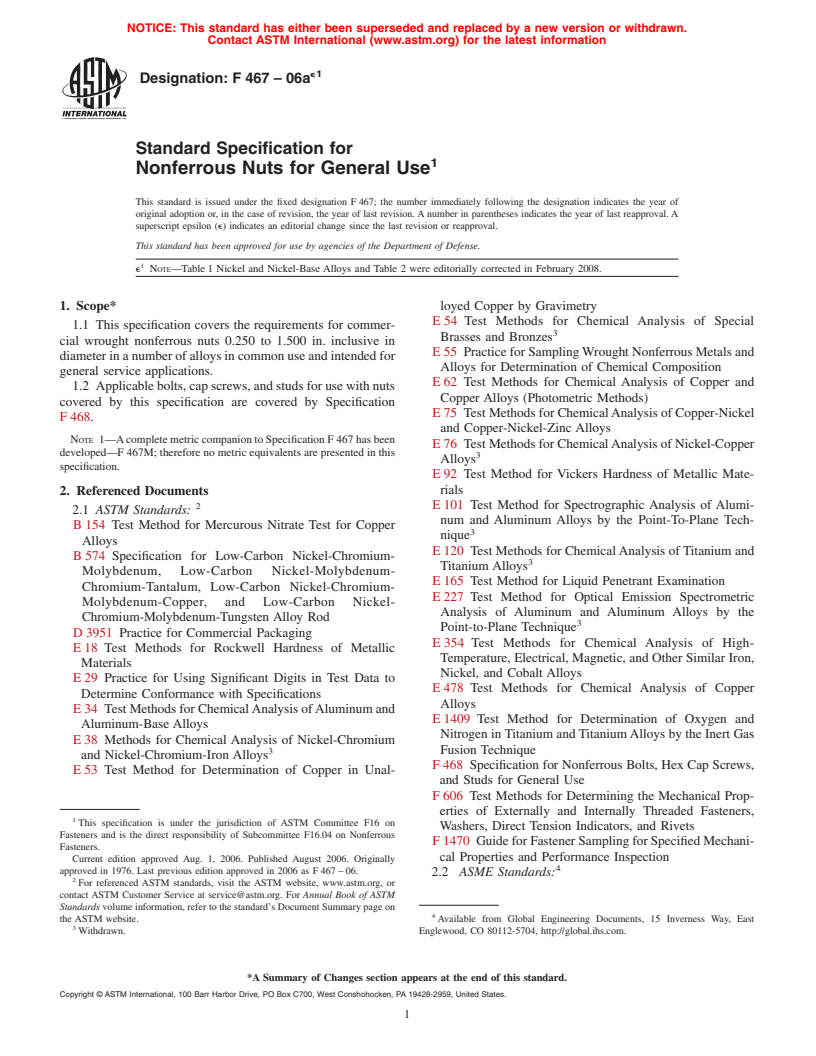 ASTM F467-06ae1 - Standard Specification for  Nonferrous Nuts for General Use