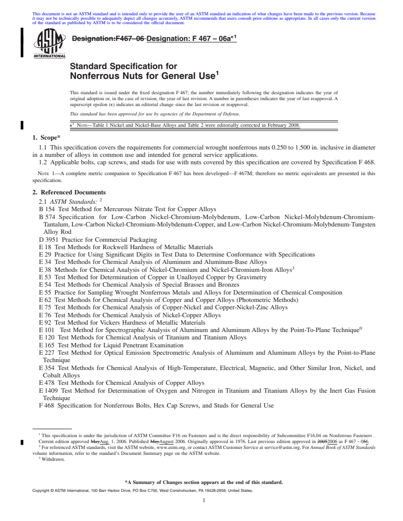 REDLINE ASTM F467-06ae1 - Standard Specification for  Nonferrous Nuts for General Use