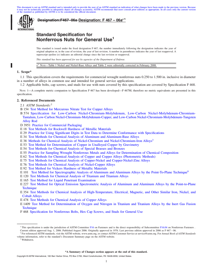 REDLINE ASTM F467-06ae1 - Standard Specification for  Nonferrous Nuts for General Use