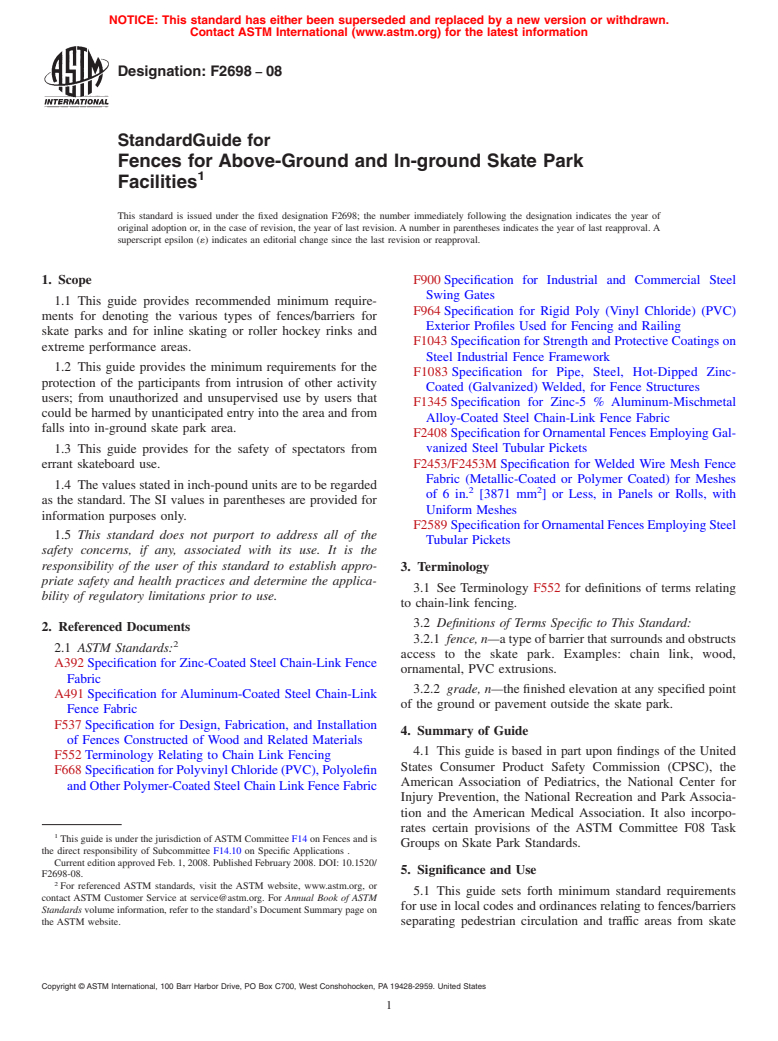 ASTM F2698-08 - Standard Guide for Fences for Above-Ground and In-ground Skate Park Facilities