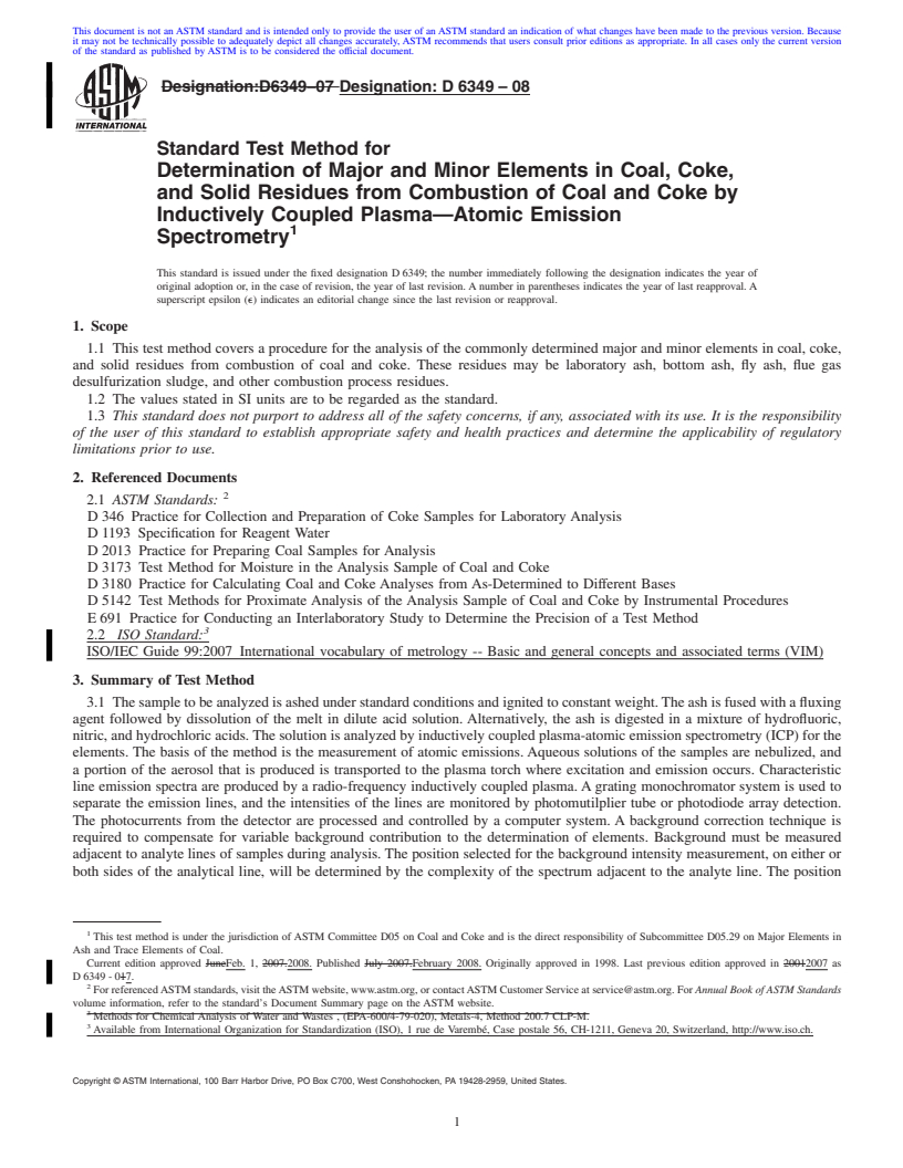 REDLINE ASTM D6349-08 - Standard Test Method for Determination of Major and Minor Elements in Coal, Coke, and Solid  Residues from Combustion of Coal and Coke by Inductively Coupled Plasma-Atomic Emission Spectrometry