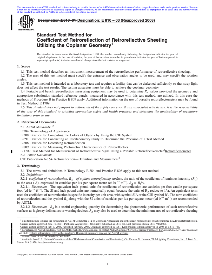 REDLINE ASTM E810-03(2008) - Standard Test Method for  Coefficient of Retroreflection of Retroreflective Sheeting Utilizing   the Coplanar Geometry