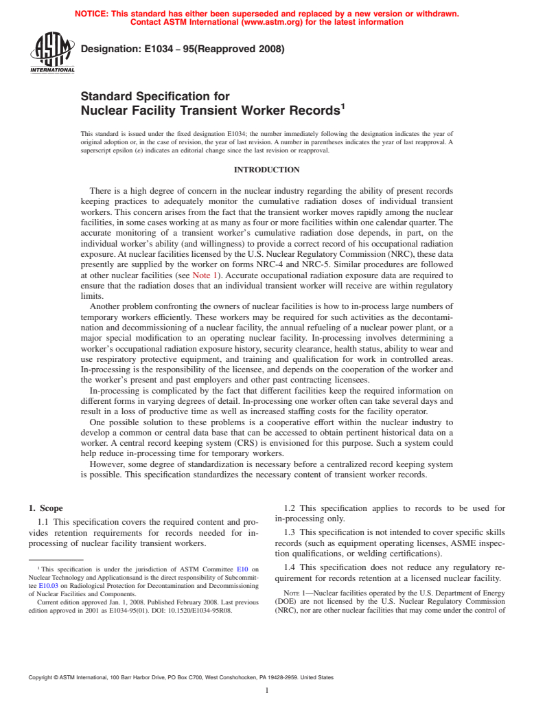 ASTM E1034-95(2008) - Standard Specification for  Nuclear Facility Transient Worker Records