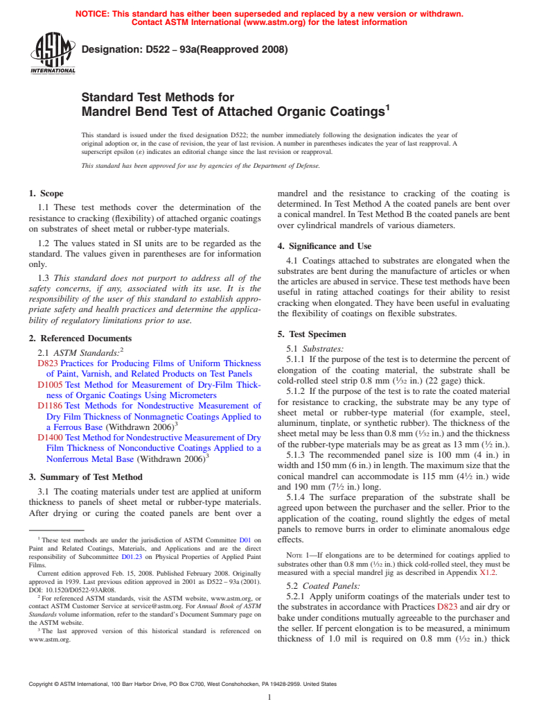 ASTM D522-93a(2008) - Standard Test Methods for Mandrel Bend Test of Attached Organic Coatings