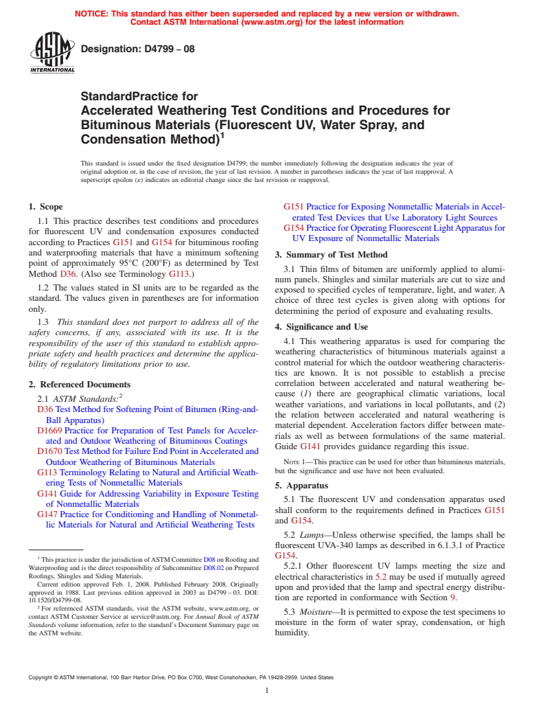 ASTM D4799-08 - Standard Practice for Accelerated Weathering Test Conditions and Procedures for Bituminous Materials (Fluorescent UV, Water Spray, and Condensation Method)