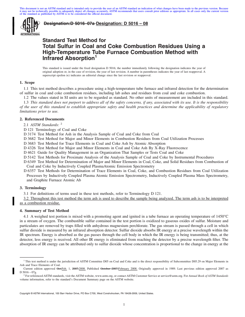 REDLINE ASTM D5016-08 - Standard Test Method for  Total Sulfur in Coal and Coke Combustion Residues Using a High-Temperature Tube Furnace Combustion Method with Infrared Absorption