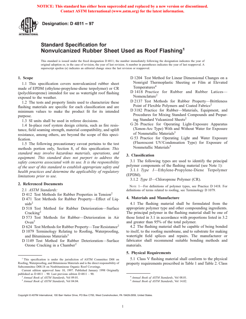 ASTM D4811-97 - Standard Specification for Nonvulcanized Rubber Sheet Used as Roof Flashing