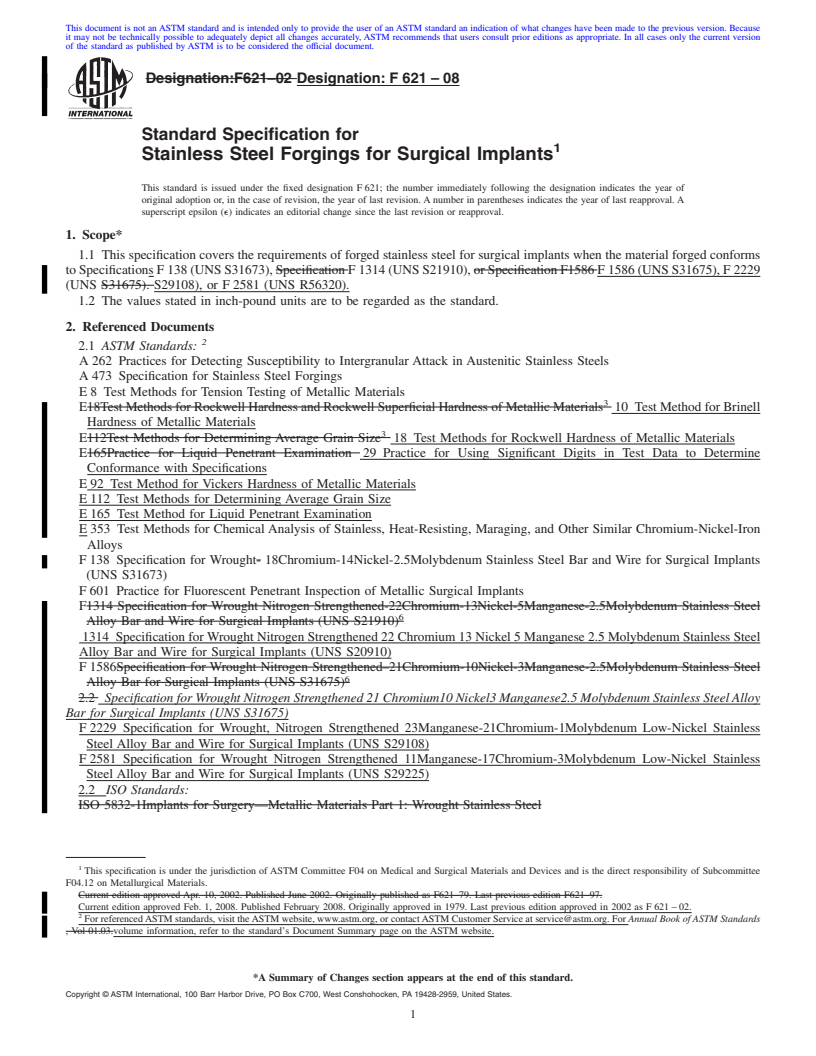 REDLINE ASTM F621-08 - Standard Specification for  Stainless Steel Forgings for Surgical Implants