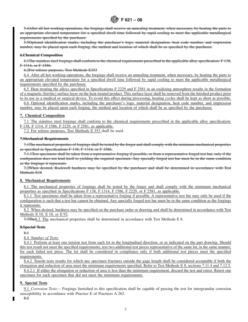 REDLINE ASTM F621-08 - Standard Specification for  Stainless Steel Forgings for Surgical Implants