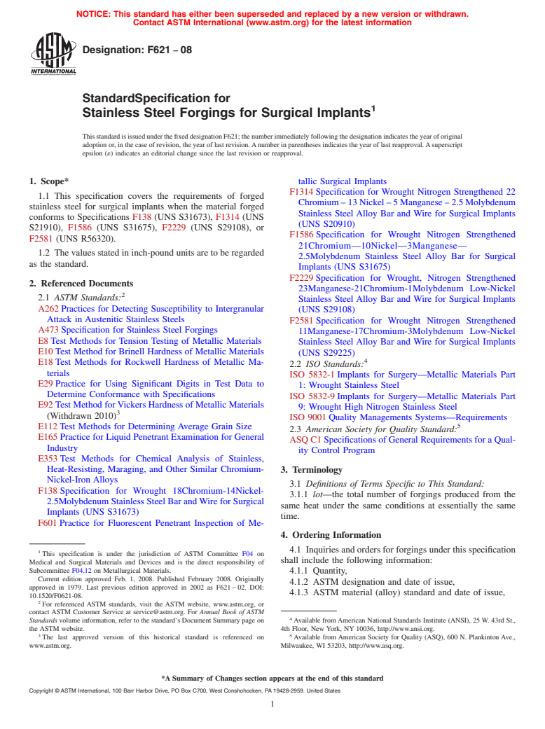 ASTM F621-08 - Standard Specification for  Stainless Steel Forgings for Surgical Implants