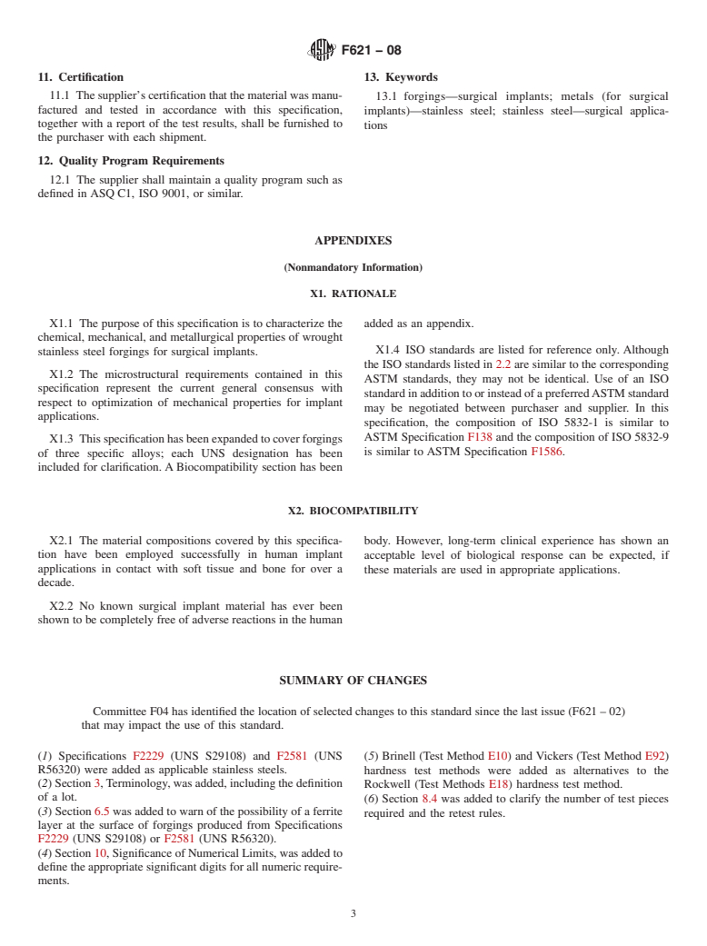 ASTM F621-08 - Standard Specification for  Stainless Steel Forgings for Surgical Implants