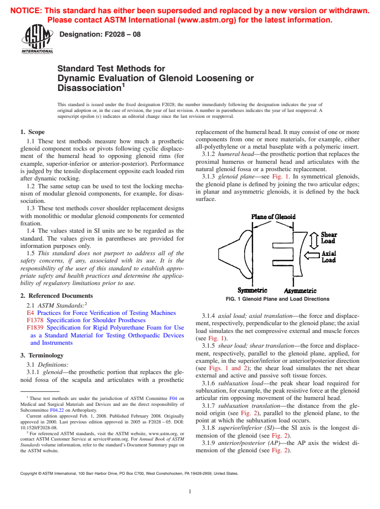 ASTM F2028-08 - Standard Test Methods for  Dynamic Evaluation of Glenoid Loosening or Disassociation