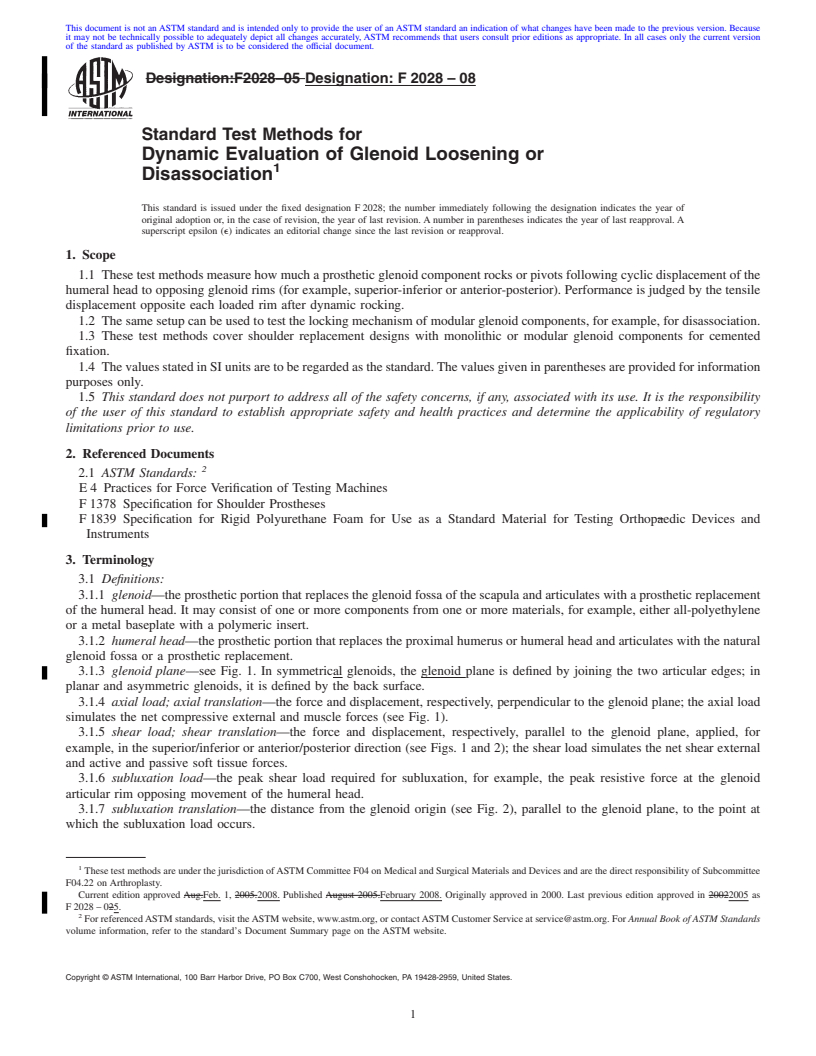 REDLINE ASTM F2028-08 - Standard Test Methods for  Dynamic Evaluation of Glenoid Loosening or Disassociation