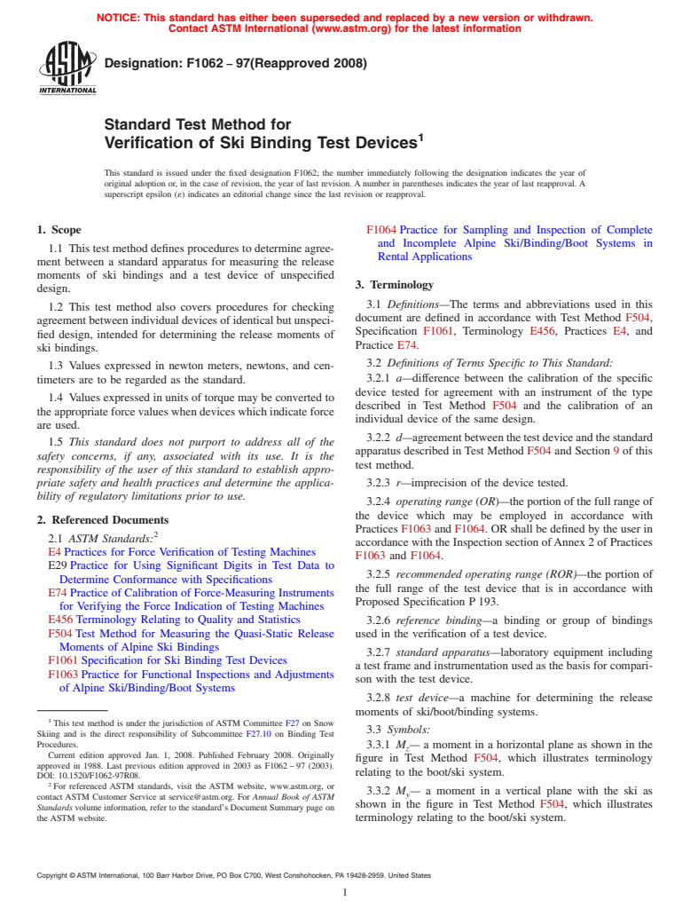 ASTM F1062-97(2008) - Standard Test Method for Verification of Ski Binding Test Devices