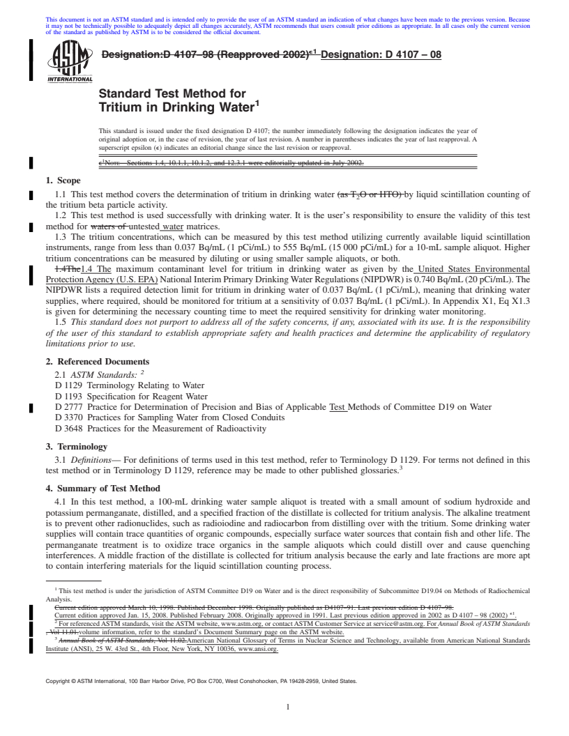 REDLINE ASTM D4107-08 - Standard Test Method for Tritium in Drinking Water