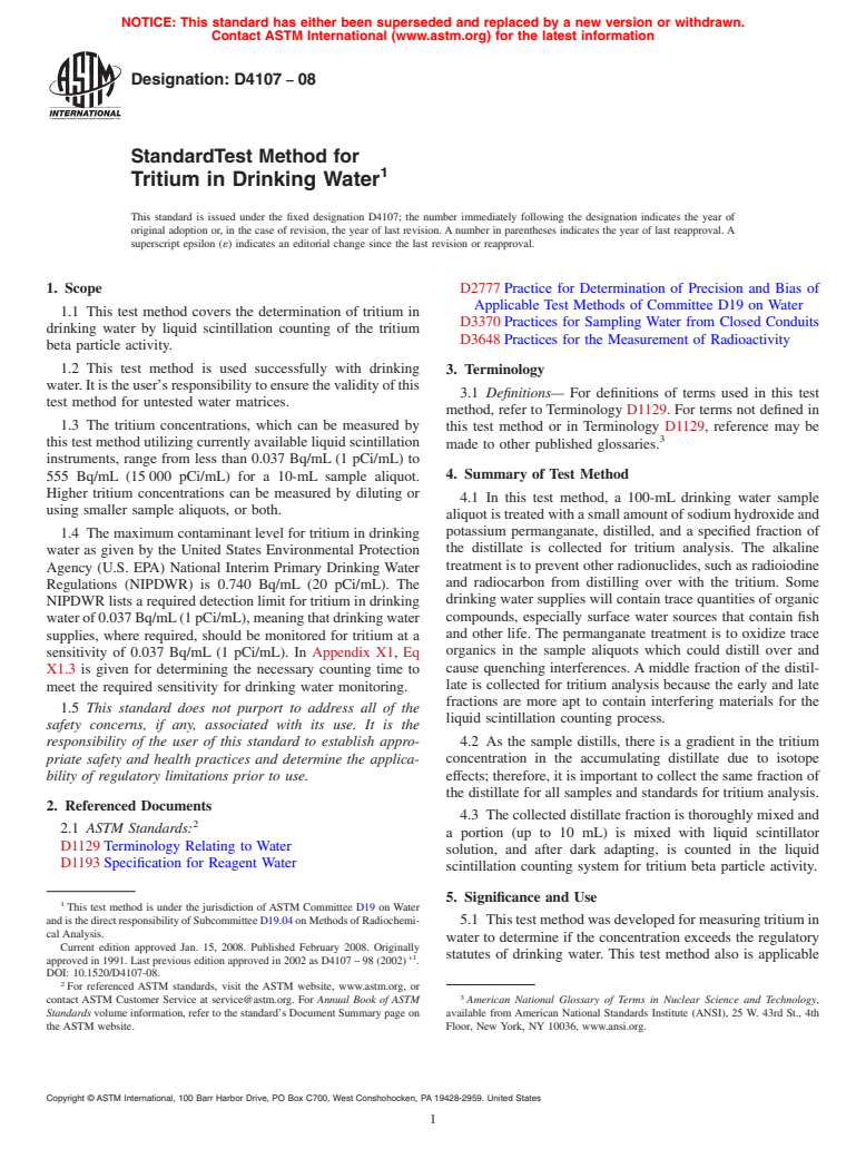 ASTM D4107-08 - Standard Test Method for Tritium in Drinking Water