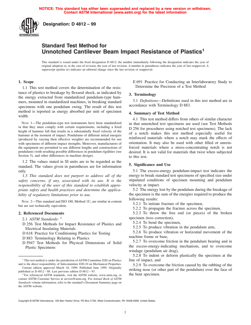 ASTM D4812-99 - Standard Test Method for Unnotched Cantilever Beam Impact Strength of Plastics