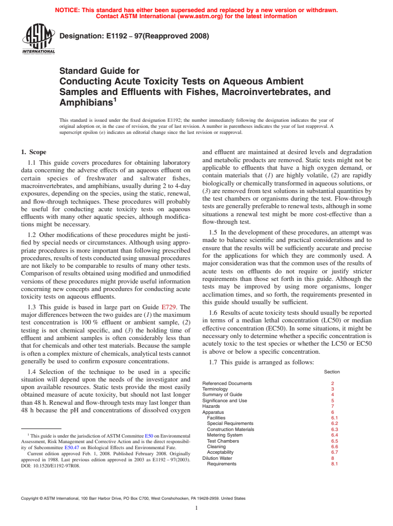 ASTM E1192-97(2008) - Standard Guide for Conducting Acute Toxicity Tests on Aqueous Ambient Samples and Effluents with Fishes, Macroinvertebrates, and Amphibians