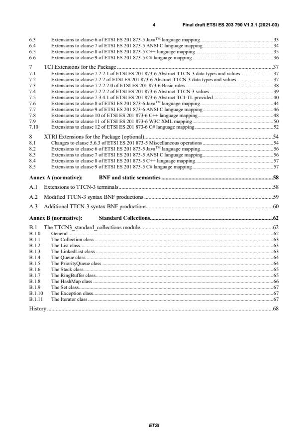 SIST ES 203 790 V1.3.1:2021 ETSI ES 203 790 V1.3.1 (2021-03) - Methods for Testing and Specification (MTS); The Testing and Test Control Notation version 3; TTCN-3 Language Extensions: Object-Oriented Features - Page 4 preview