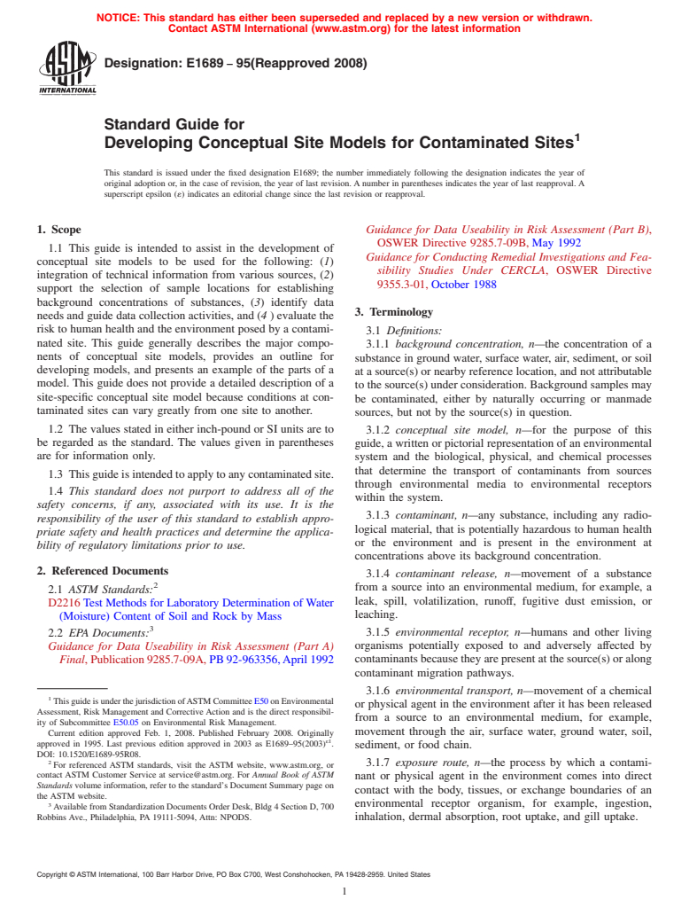 ASTM E1689-95(2008) - Standard Guide for  Developing Conceptual Site Models for Contaminated Sites