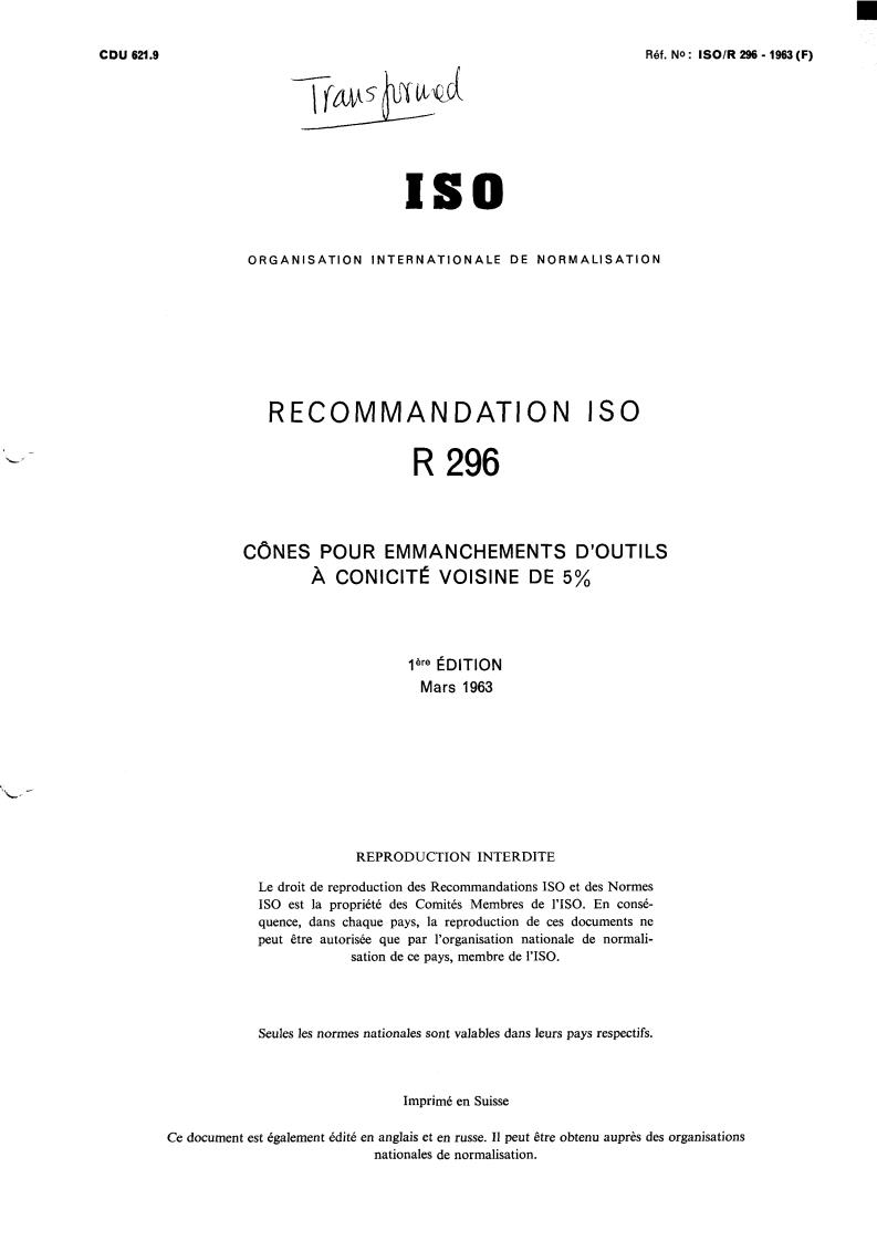 ISO/R 296:1963 - Title missing - Legacy paper document
Released:1/1/1963