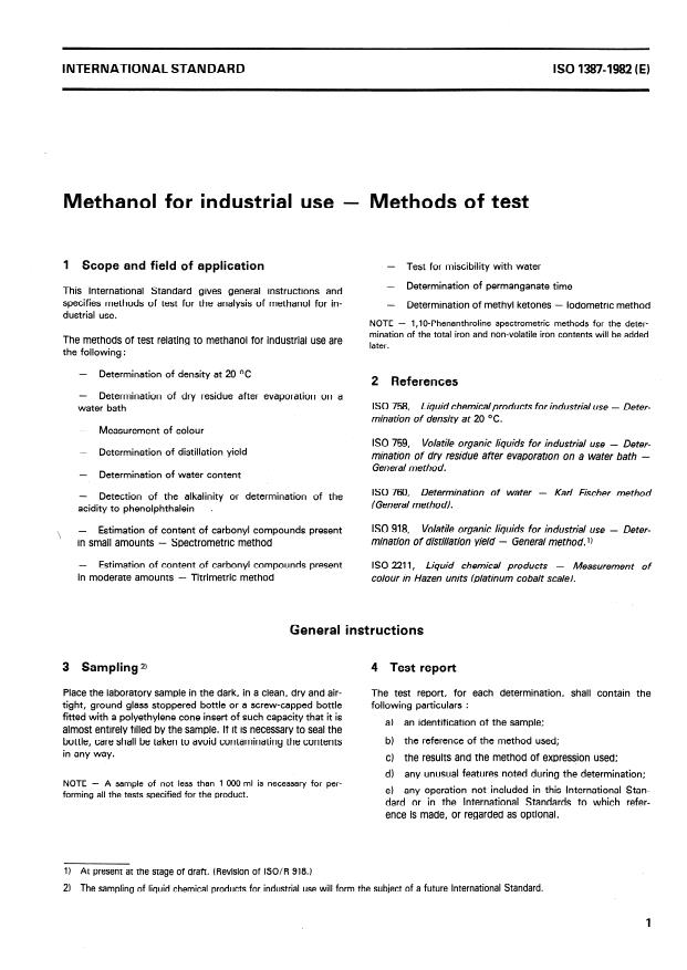 ISO 1387:1982 - Methanol for industrial use -- Methods of test