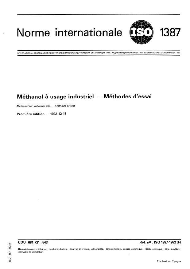 ISO 1387:1982 - Méthanol a usage industriel -- Méthodes d'essai