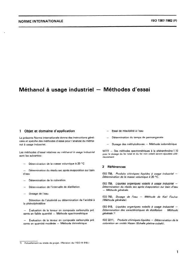 ISO 1387:1982 - Méthanol a usage industriel -- Méthodes d'essai