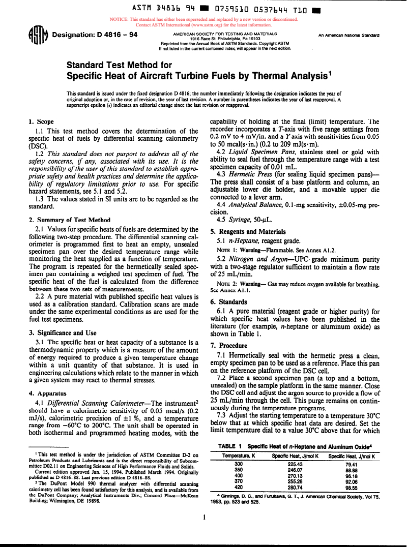 ASTM D4816-94 - Standard Test Method for Specific Heat of Aircraft Turbine Fuels by Thermal Analysis (Withdrawn 1999)