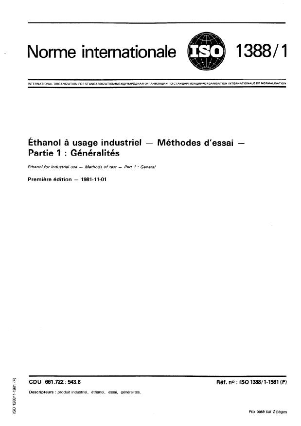ISO 1388-1:1981 - Éthanol a usage industriel -- Méthodes d'essai