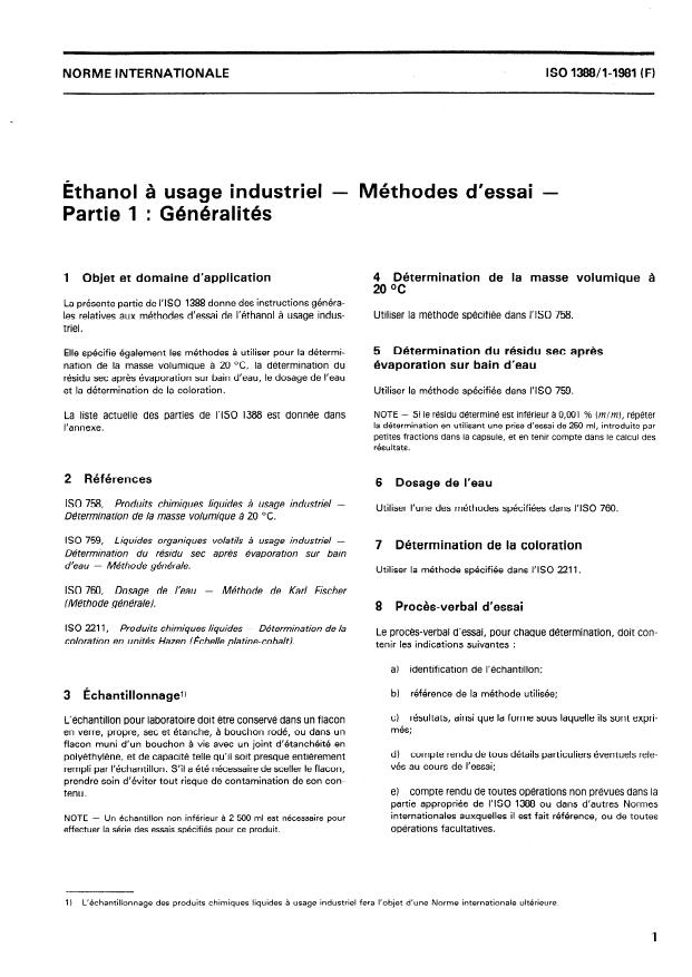 ISO 1388-1:1981 - Éthanol a usage industriel -- Méthodes d'essai