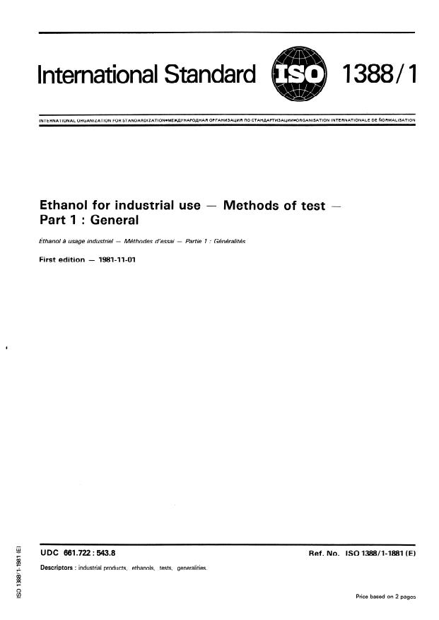 ISO 1388-1:1981 - Ethanol for industrial use -- Methods of test